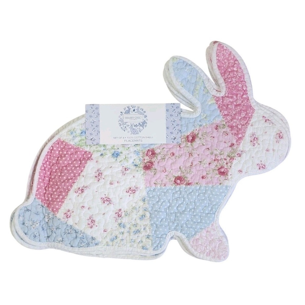 Easter Bunny Rabbit Shaped Placemats Floral Quilted Cotton 4 Pc 20" NEW